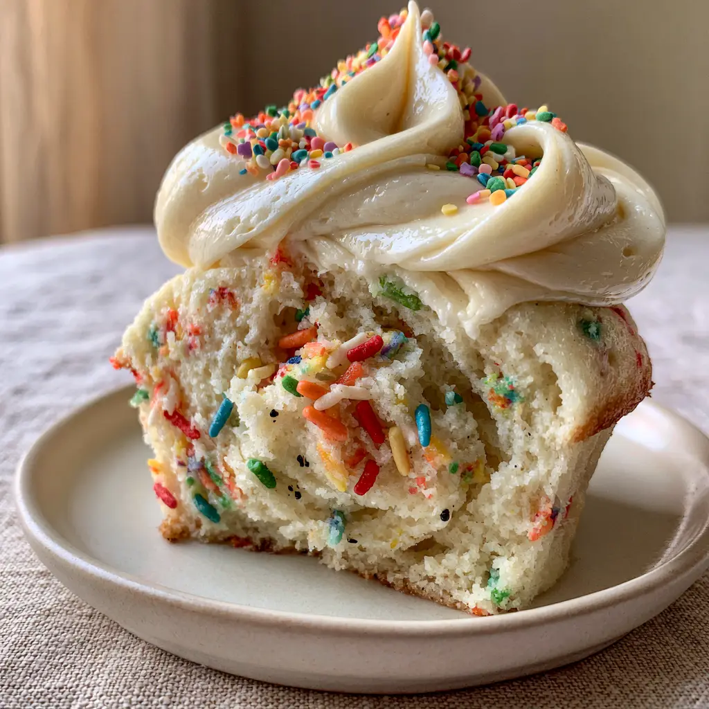 Sour Cream Funfetti Cupcakes: The Ultimate Bakery-Style Recipe 2 Close-up of a sour cream funfetti cupcake sliced in half showing the moist crumb and vanilla bean flecks.