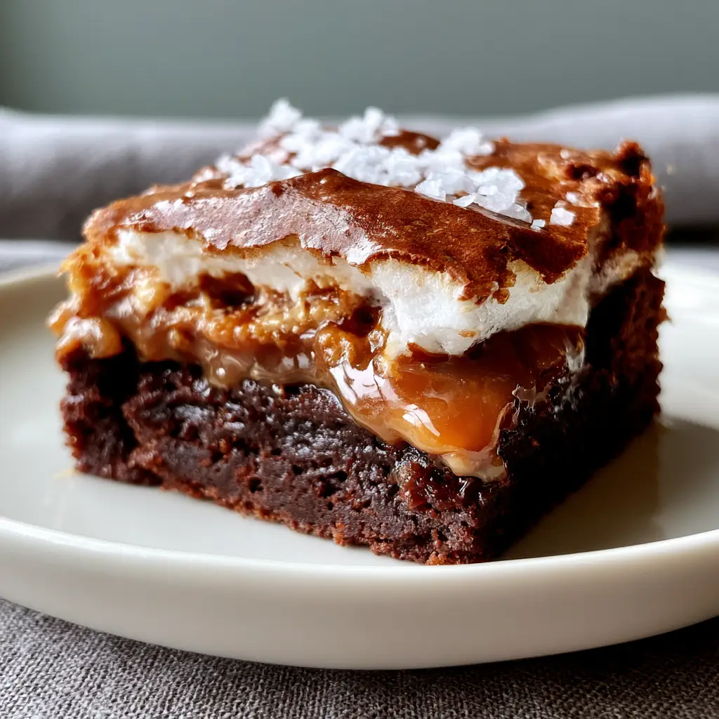Milky Way Brownies with Oozing Caramel and Crackly Tops 1 A close up view of the shiny, crackly meringue-like crust of Milky Way Brownies with grains of flaky sea salt.