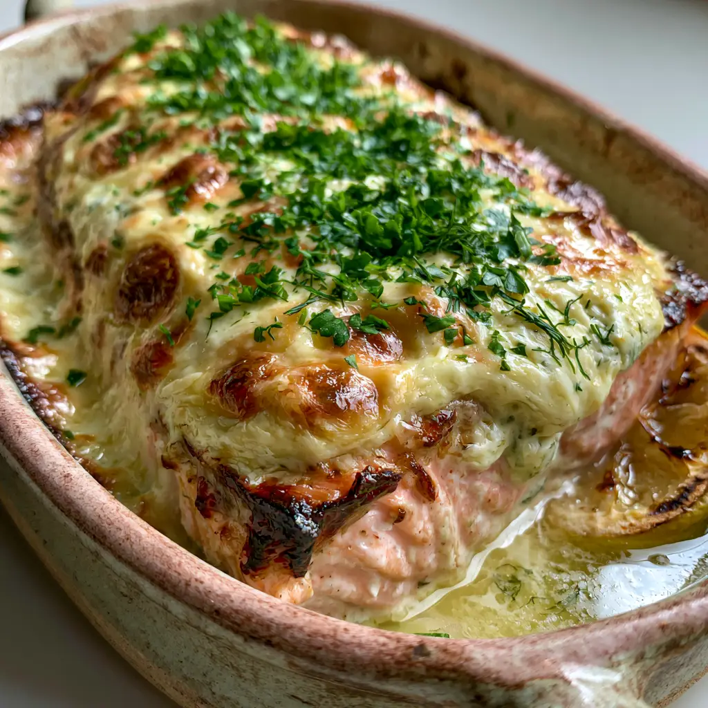 Baked salmon in a rustic ceramic dish with lemon butter sauce and charred lemon wheel.
