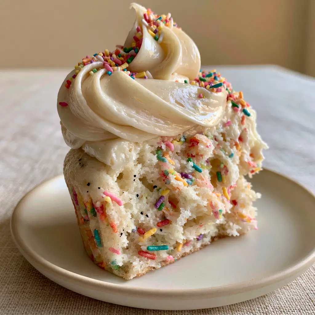 Sour Cream Funfetti Cupcakes: The Ultimate Bakery-Style Recipe 1 Top view of a sour cream funfetti cupcake with a luxurious high swirl of pale-ivory buttercream frosting.