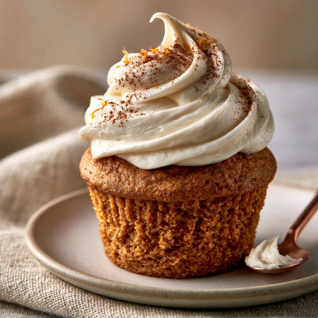 Pumpkin Spice Cupcakes with Velvety Cream Cheese Frosting and Orange Zest 2 Detailed close-up of a pumpkin spice cupcake showing the moist spongy crumb and silky sheen of the frosting. (pumpkin spice cupcakes)