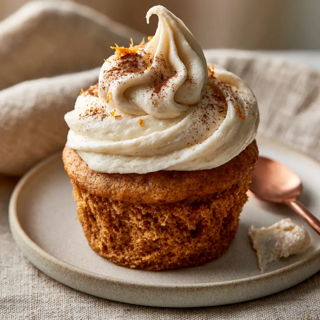 Pumpkin Spice Cupcakes with Velvety Cream Cheese Frosting and Orange Zest 1 A high-swirled mountain of velvety cream cheese frosting on a pumpkin spice cupcake with delicate cinnamon powder and orange zest.