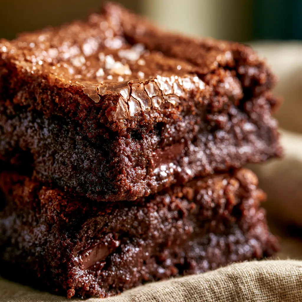 Brownie de chocolate: The Ultimate Guide to the Perfect Crackled Crust 2 Extreme macro close-up of a Brownie de chocolate showing the translucent crust and dark fudgy interior.