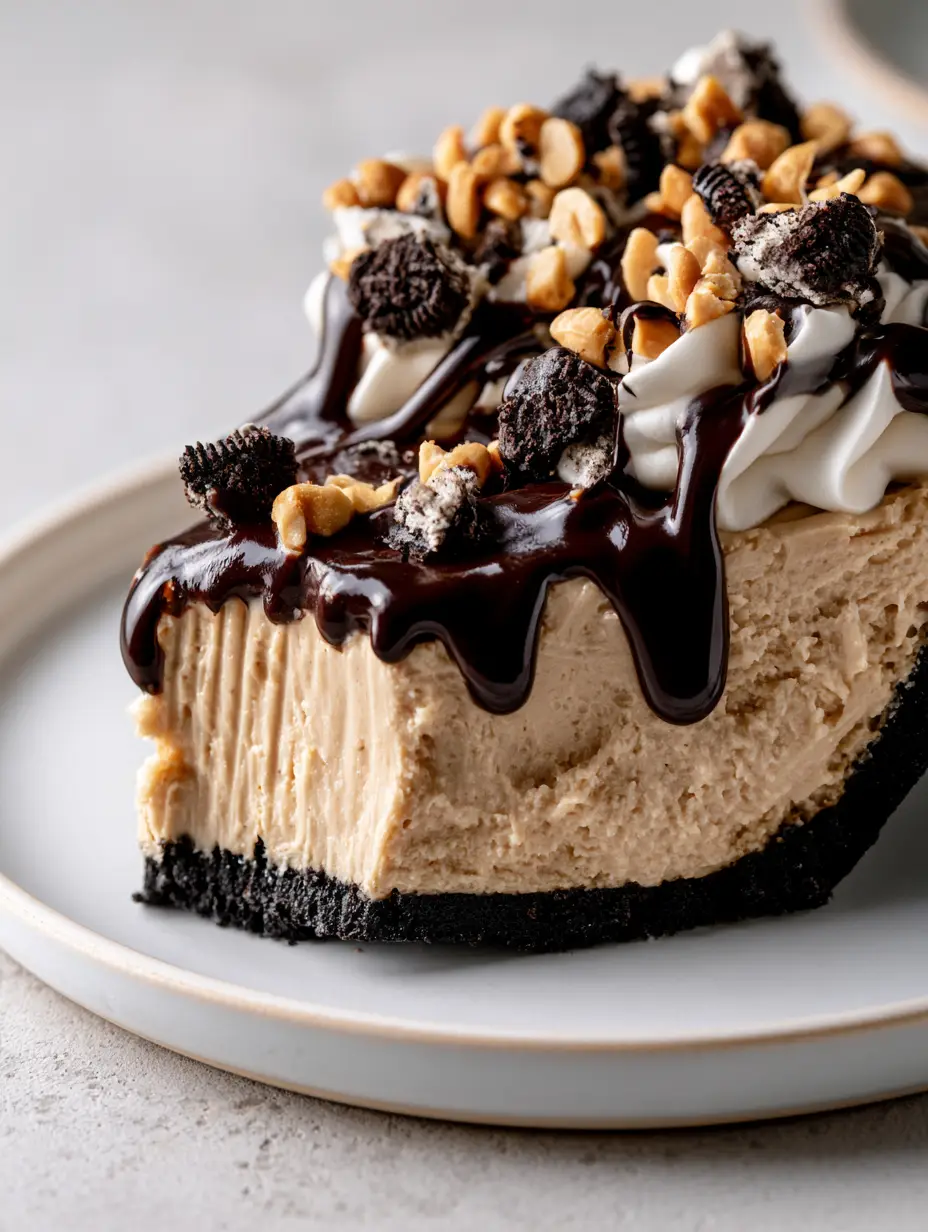 A pristine slice of Oreo Peanut Butter Pie on a white plate showing clean layers of dark crust and light-tan filling.