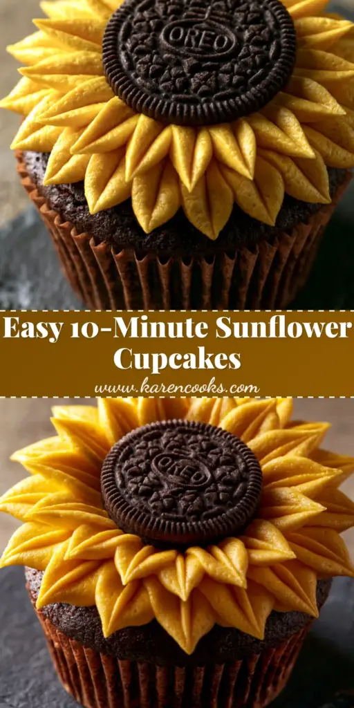 Oreo Sunflower Cupcakes: The Ultimate Summer Baking Tutorial 4 A close-up vertical shot of Oreo Sunflower Cupcakes with golden yellow petals and a dark chocolate Oreo center on a dark slate board.