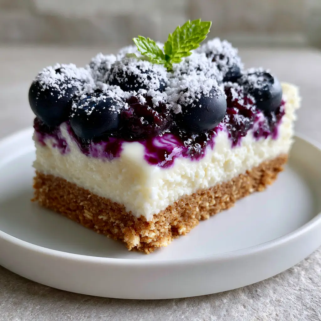 Close-up of the deep indigo blueberry reduction swirl and bursting whole blueberries on top of the bars.
