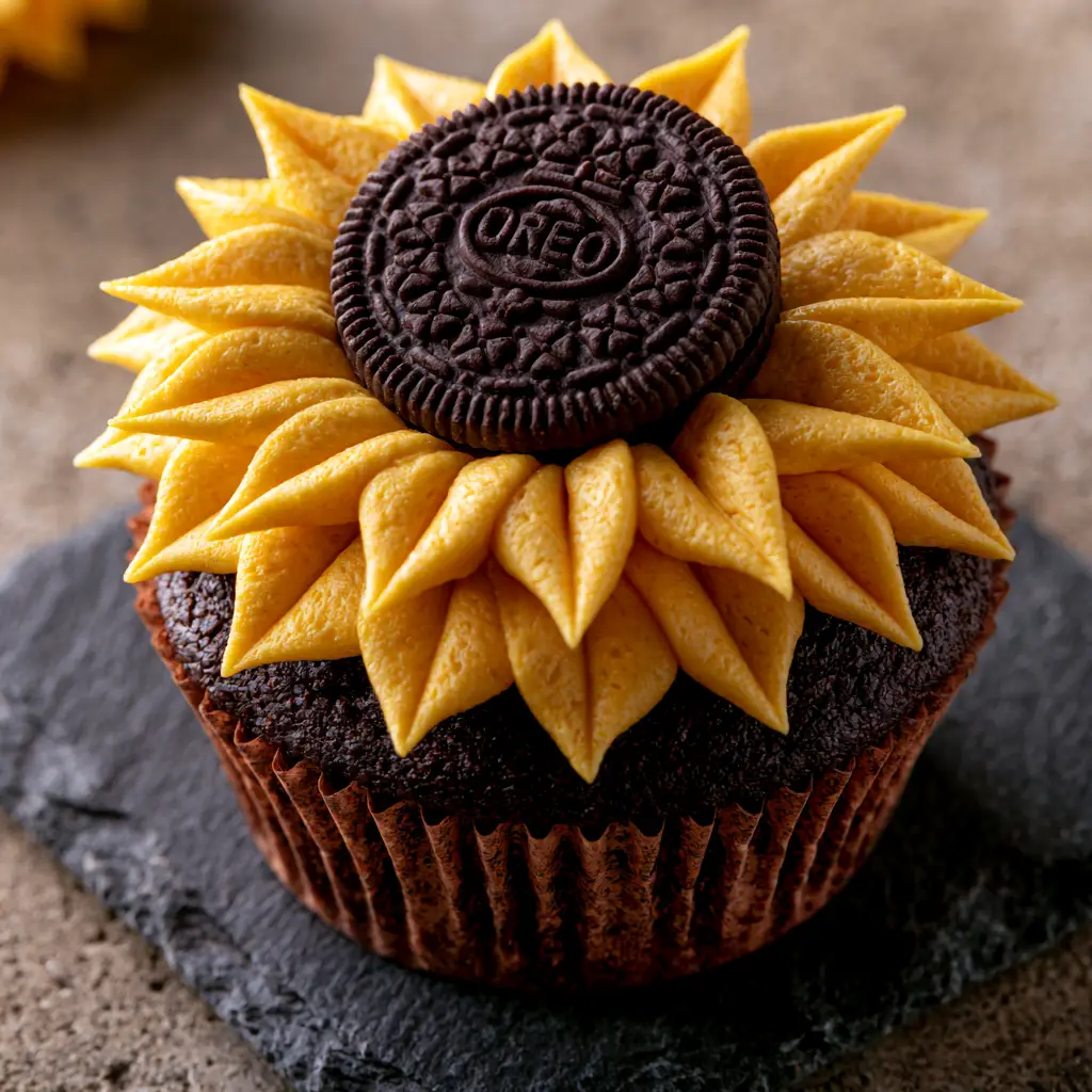 Oreo Sunflower Cupcakes: The Ultimate Summer Baking Tutorial 2 High-angle close-up of an Oreo sunflower cupcake in a rustic brown liner on a dark slate surface. (Oreo Sunflower Cupcakes)