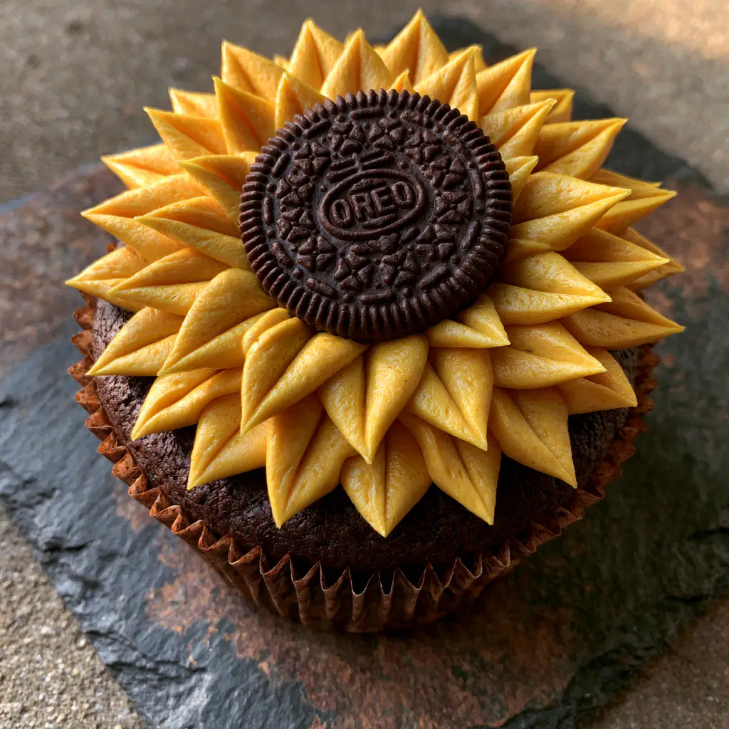 Oreo Sunflower Cupcakes: The Ultimate Summer Baking Tutorial 1 Detail shot of the vibrant golden-yellow buttercream petals surrounding an embossed Oreo cookie center. (Oreo Sunflower Cupcakes)