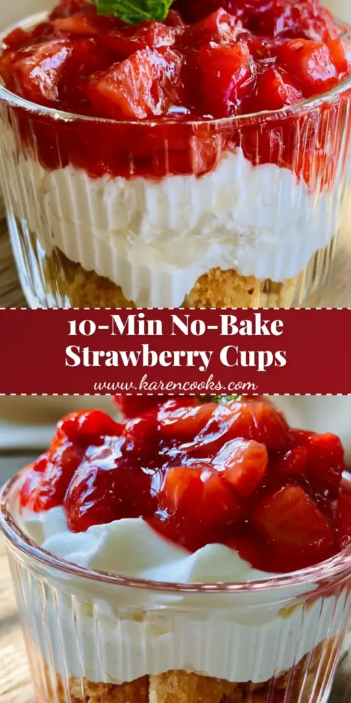 A beautiful layered strawberry shortcake recipe in a glass cup with glossy glazed berries and mint. (strawberry shortcake recipe)