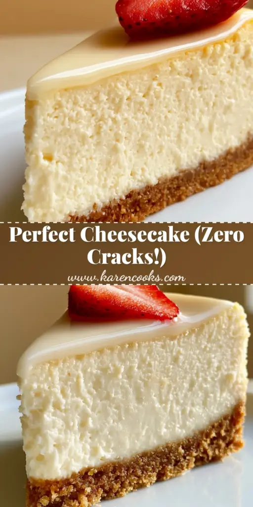 A macro close-up of a perfect slice of Classic Creamy Cheesecake featuring a thick golden graham cracker crust, velvety ivory filling, and a glossy vanilla glaze with a fresh strawberry garnish on a white ceramic plate.
