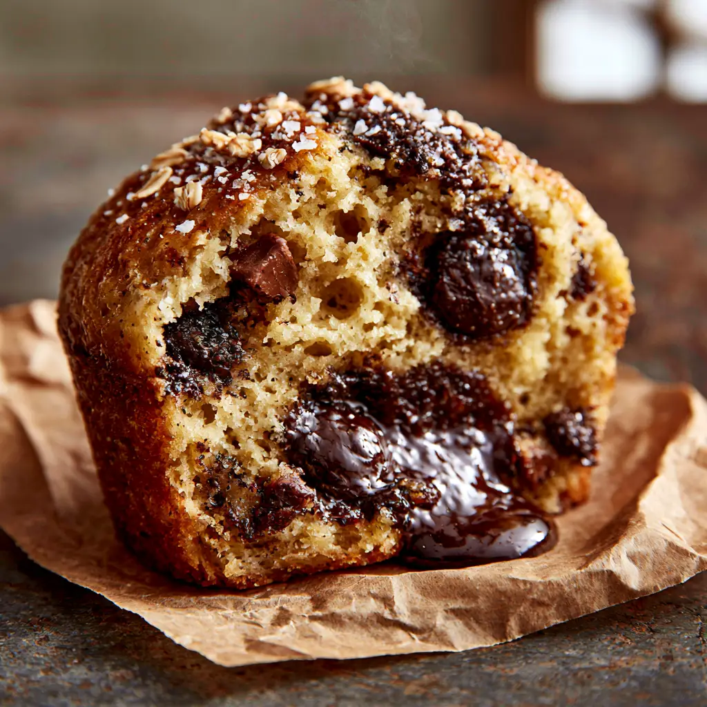A freshly baked banana chocolate muffin sitting on wrinkled brown parchment paper with glistening pools of dark chocolate.