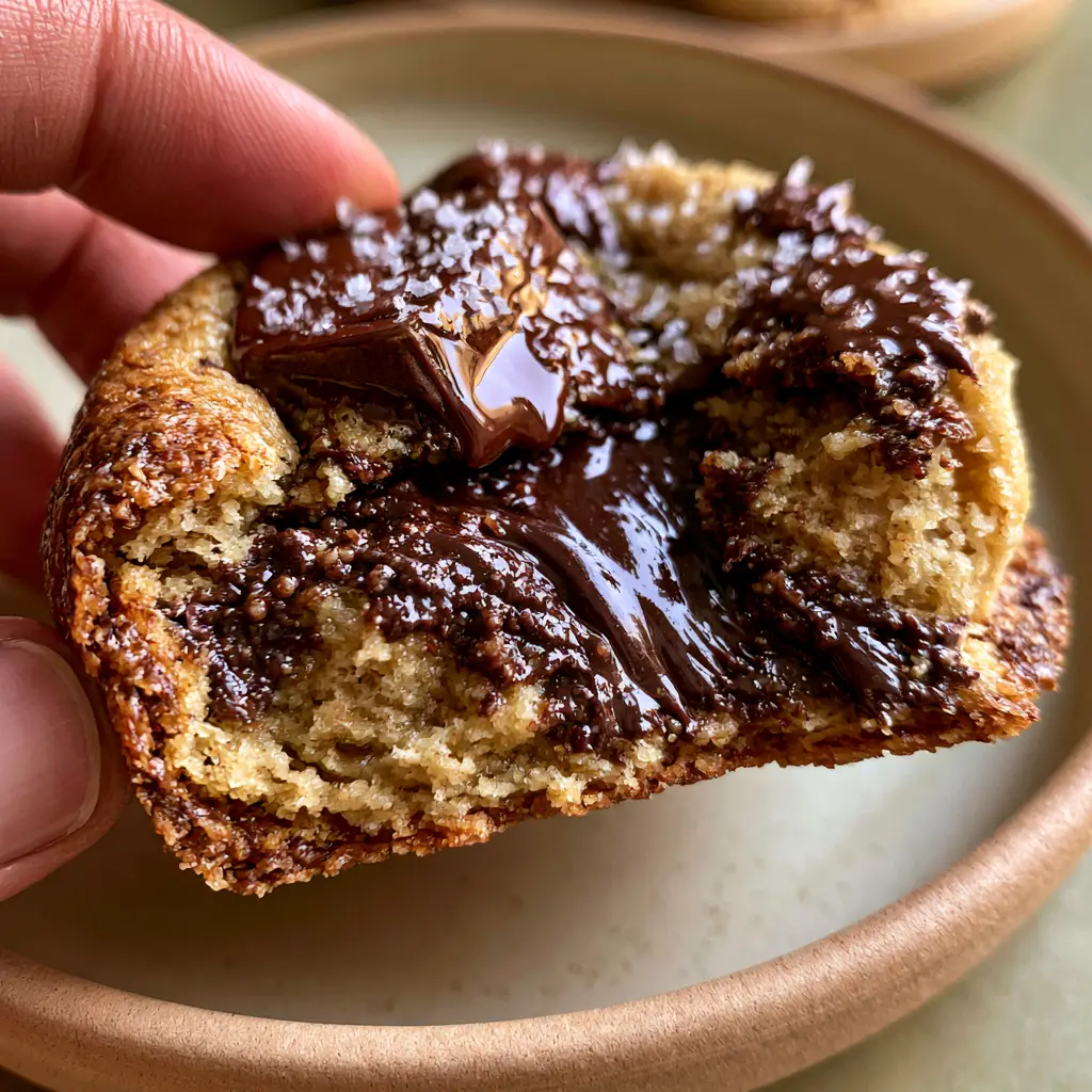 Perfect chocolate chip cookies with Brown Butter and Molten Dark Chocolate 2 Handheld photo of a thick cookie with glistening chocolate chunks and flaky sea salt on a beige plate. (Perfect chocolate chip cookies)