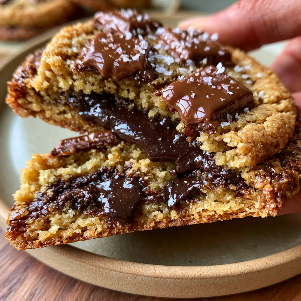 Perfect chocolate chip cookies with Brown Butter and Molten Dark Chocolate 1 Close-up of a brown butter cookie being pulled apart, showing the soft dough and melted chocolate fèves.