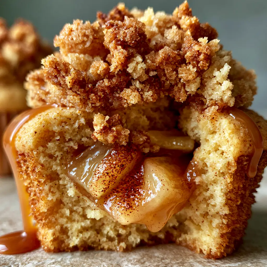 Freshly baked Apple Crumble Cupcakes on a stone table with a thin drizzle of glossy amber caramel sauce.