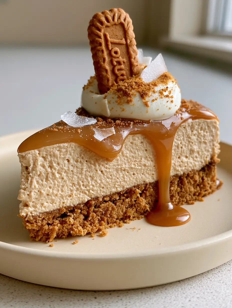 Biscoff salted caramel cheesecake: The Ultimate No-Bake Speculoos Indulgence 3 Macro vertical shot of a Biscoff salted caramel cheesecake slice showing the thick cookie crust and velvety pale-tan filling.