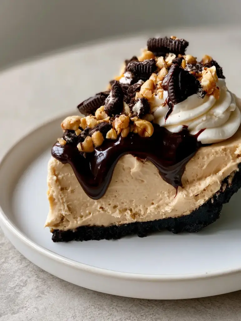 Close up of Oreo Peanut Butter Pie toppings including glossy fudge drizzle and chopped peanuts.