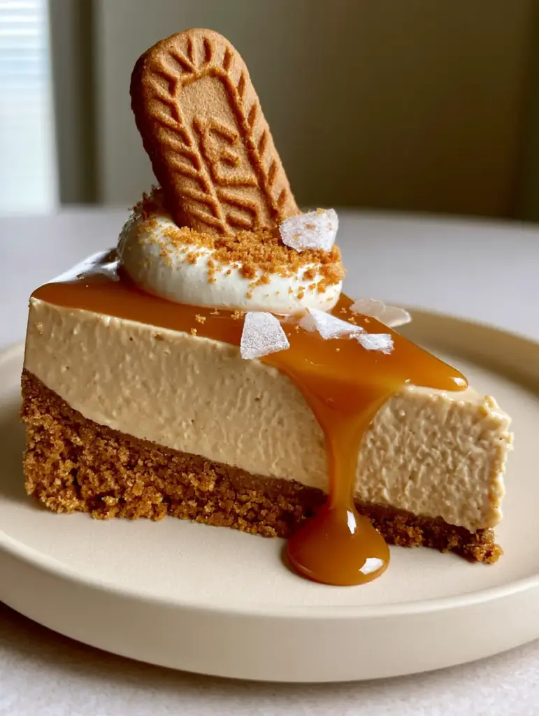 Biscoff salted caramel cheesecake: The Ultimate No-Bake Speculoos Indulgence 1 A close-up of the translucent, glossy amber salted caramel dripping down the side of a Biscoff salted caramel cheesecake.