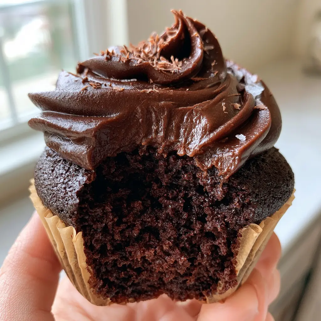 Detailed view of the thick chocolate fudge frosting and glossy ganache finish on Moist Chocolate Cupcakes.