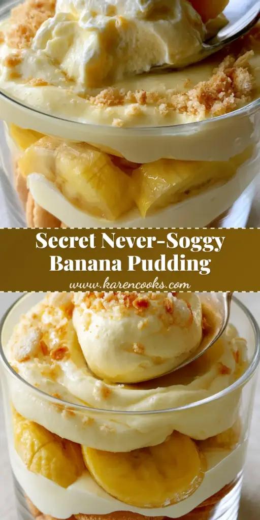 Banana Pudding with Whipped Custard and Crisp Vanilla Wafers 4 A close-up of individual glass cups filled with layered banana pudding featuring vanilla wafers, yellow bananas, and whipped pale custard. (banana pudding)
