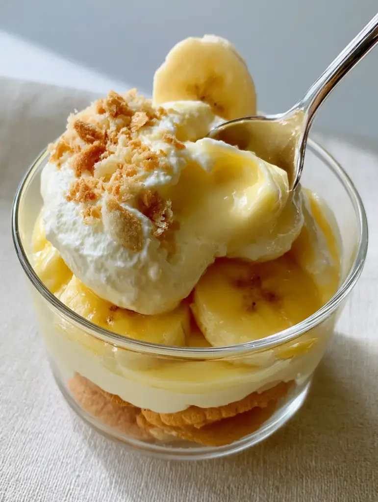 Banana Pudding with Whipped Custard and Crisp Vanilla Wafers 1 Close-up of the crushed vanilla wafer crumb garnish on top of whipped cream and banana pudding layers. (banana pudding)
