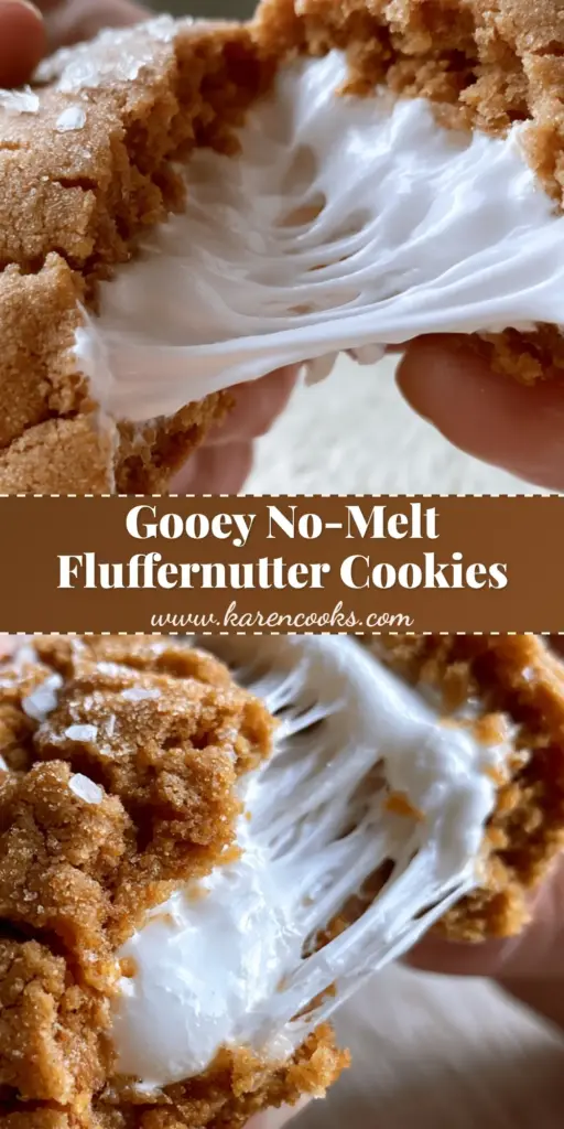 A handheld shot of a Fluffernutter Cookie being pulled apart, revealing a massive, stretchy white marshmallow fluff center against a golden-brown peanut butter cookie crust.