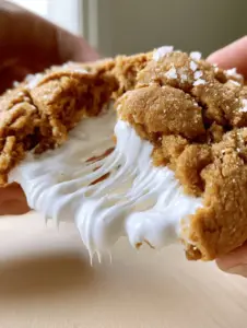 Extreme close-up of a thick, soft Fluffernutter Cookie with a cracked, craggy exterior and a glossy, stretchy marshmallow center.