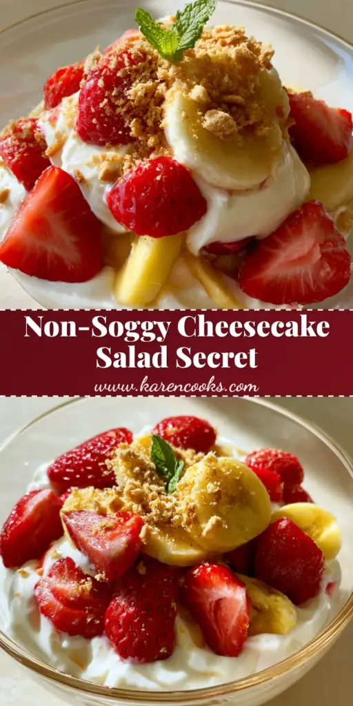 A gourmet Strawberry-Banana Cheesecake Salad in a clear bowl with velvety pudding and fresh mint garnish.