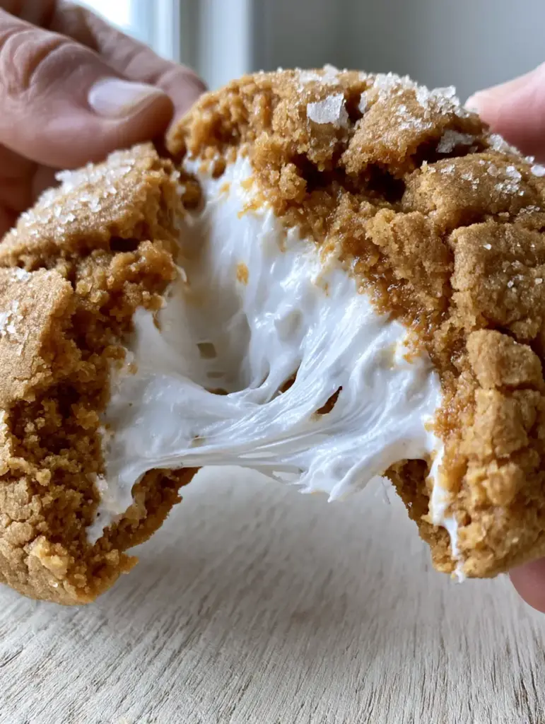 Two halves of a peanut butter cookie held by hands, showing a thick white marshmallow fluff core and a dusting of granulated sugar and sea salt flakes.