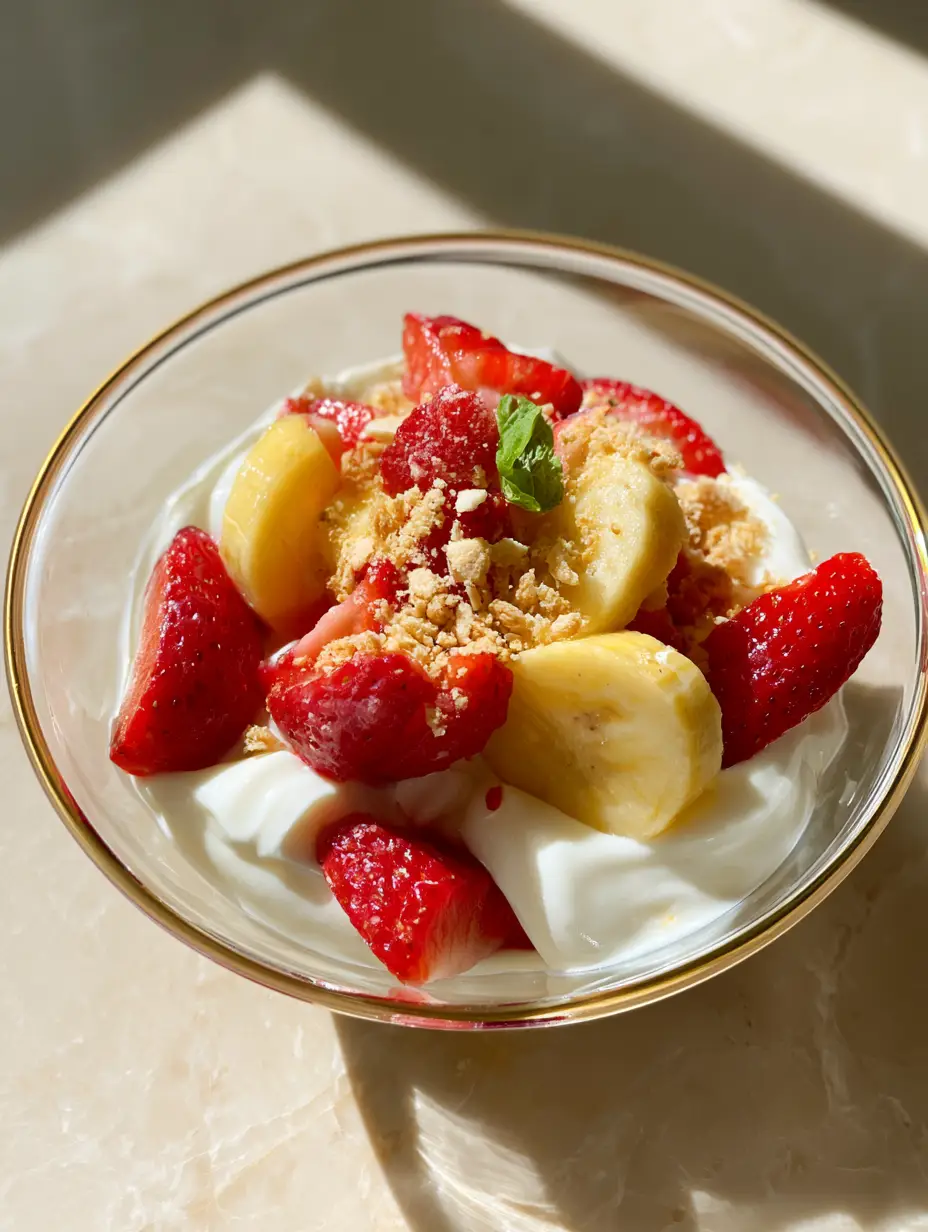 Close-up of Strawberry-Banana Cheesecake Salad showing the thick velvety pudding and clean-cut fruit.