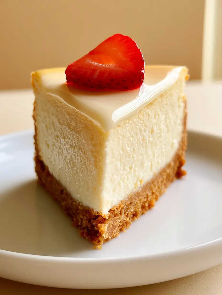 Macro shot of a Classic Creamy Cheesecake slice showing the ultra-smooth texture and clean edges on a white plate.