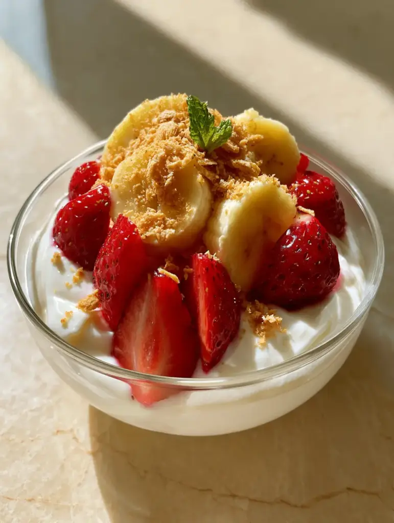 Top view of Strawberry-Banana Cheesecake Salad with golden graham cracker crumbs and mint.