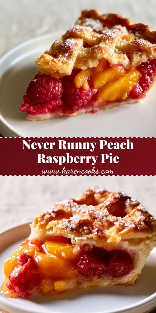 Peach Raspberry Pie with a Flaky Lattice Butter Crust 4 A clean slice of peach raspberry pie with a thick jammy filling and flaky lattice crust on a white ceramic plate.