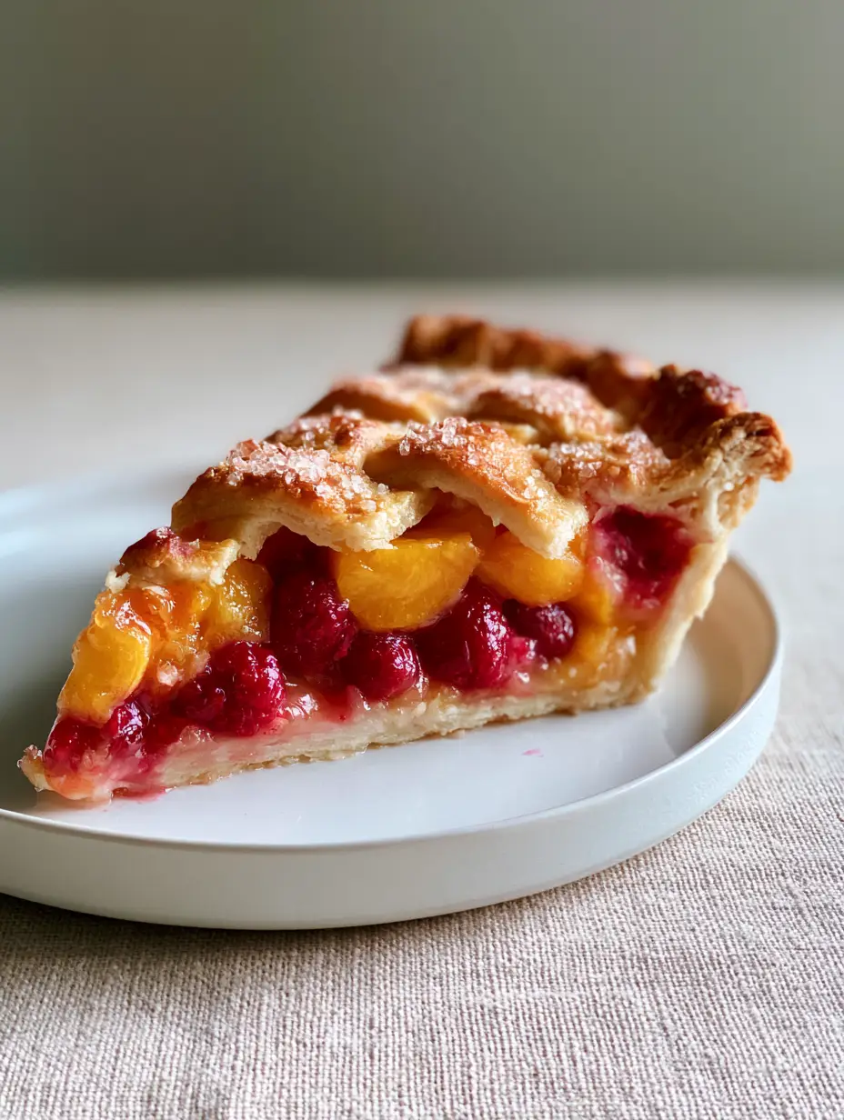 Peach Raspberry Pie with a Flaky Lattice Butter Crust 3 Side profile view of peach raspberry pie slice on a white ceramic plate highlighting the jammy red filling and golden crust.