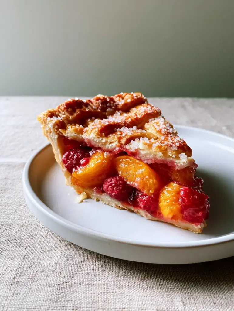Peach Raspberry Pie with a Flaky Lattice Butter Crust 1 Top down view of a peach raspberry pie slice showing the golden lattice crust and coarse sugar crystals.