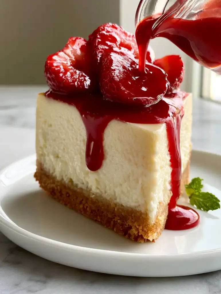 New York style cheesecake with Glossy Strawberry Reduction and Macerated Berries 2 Extreme close-up side profile of a velvety smooth ivory New York style cheesecake slice. (New York style cheesecake)
