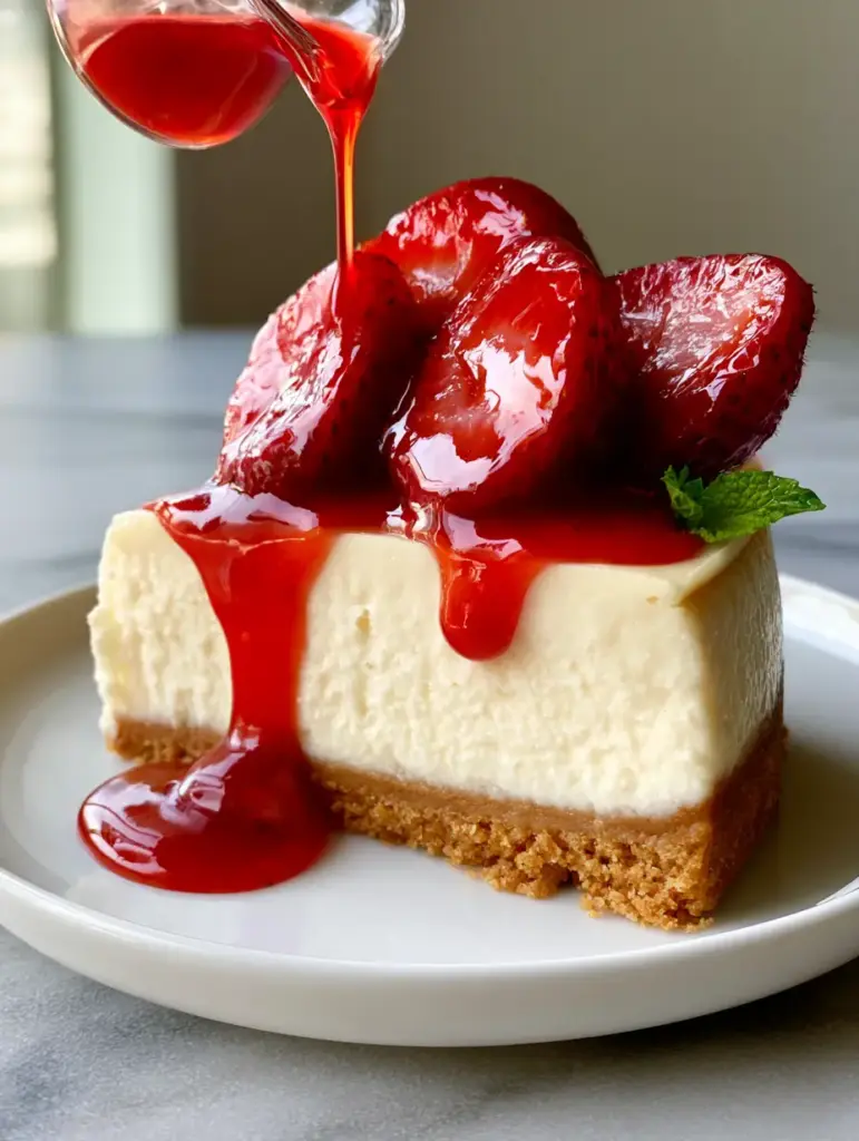 New York style cheesecake with Glossy Strawberry Reduction and Macerated Berries 1 A vibrant ruby-red strawberry coulis being drizzled over a New York style cheesecake. (New York style cheesecake)