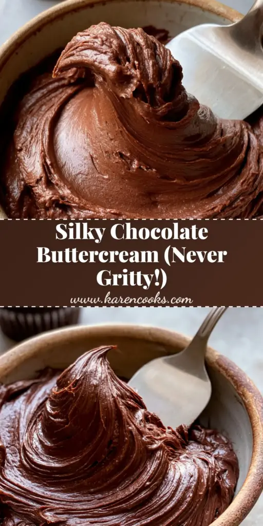 A tall piped swirl of glossy chocolate buttercream frosting on a cupcake with sharp ridges and a satin finish.
