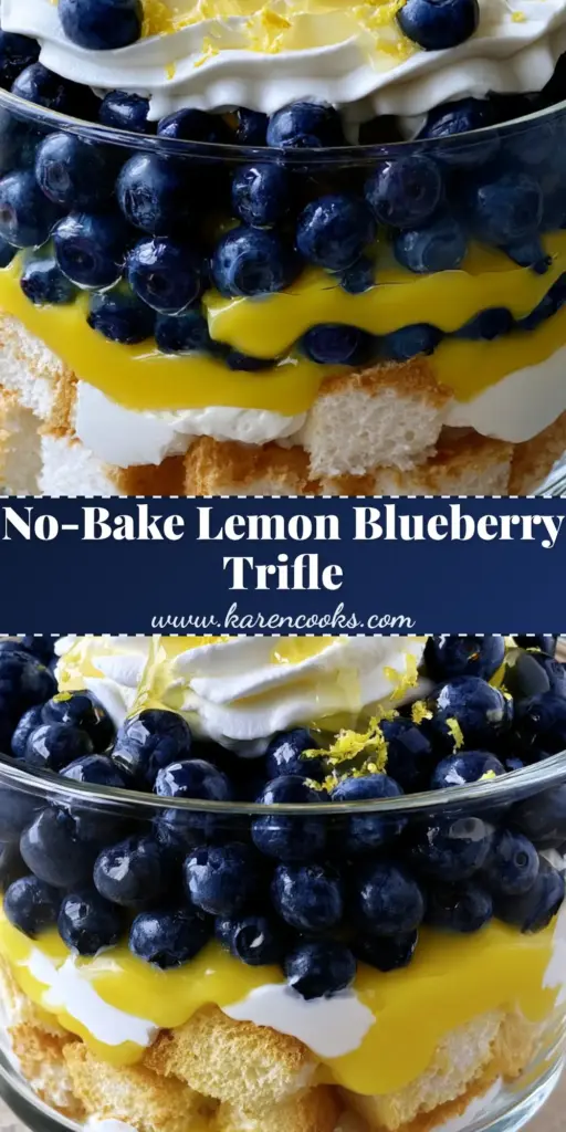 A tall glass trifle bowl featuring distinct layers of golden-brown cake, yellow curd, white cream, and glossy blueberries. (lemon blueberry trifle)