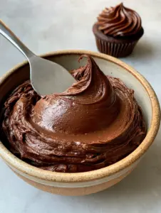 A rustic ceramic bowl filled with velvety chocolate buttercream frosting being swirled with a silver offset spatula. (chocolate buttercream frosting)