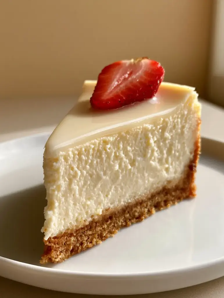 A slice of Classic Creamy Cheesecake from a side angle highlighting the thick golden-brown graham cracker crust and glossy vanilla cream glaze.