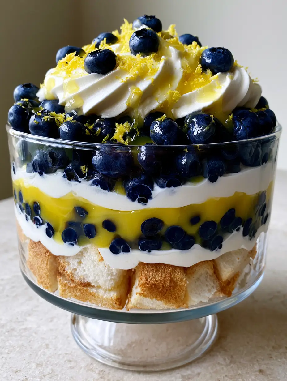 Close up of a lemon blueberry trifle in a glass bowl on a stone countertop in morning light.