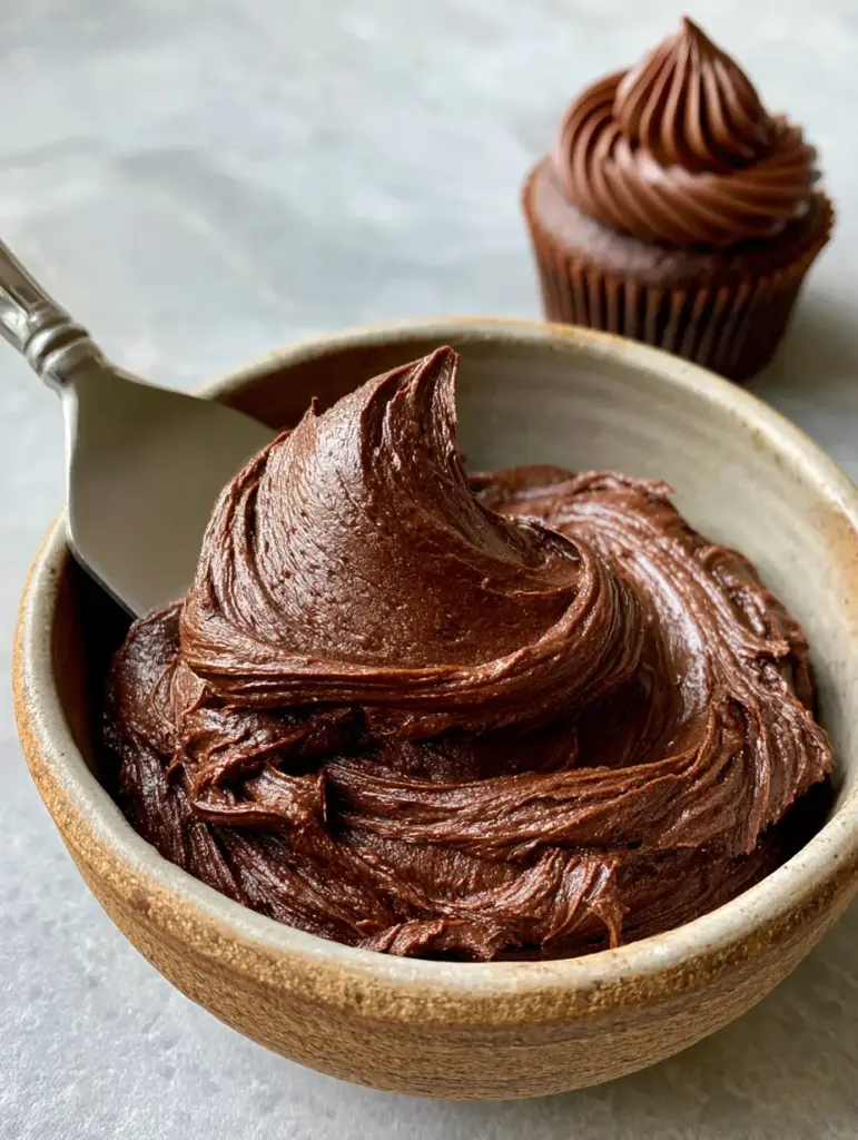 Close up of deep cocoa-brown chocolate buttercream frosting showing a satin-like sheen in natural daylight.