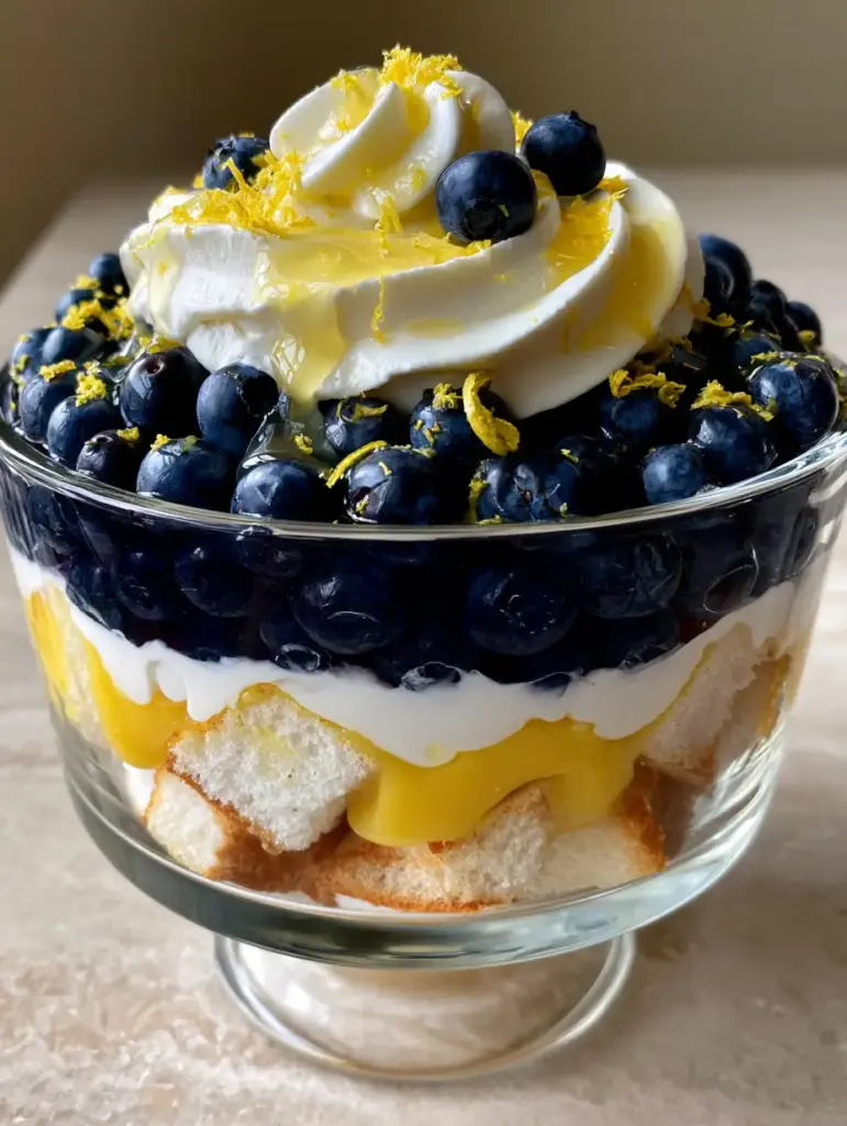 A top-down view of a lemon blueberry trifle garnish with lemon zest and translucent syrup.