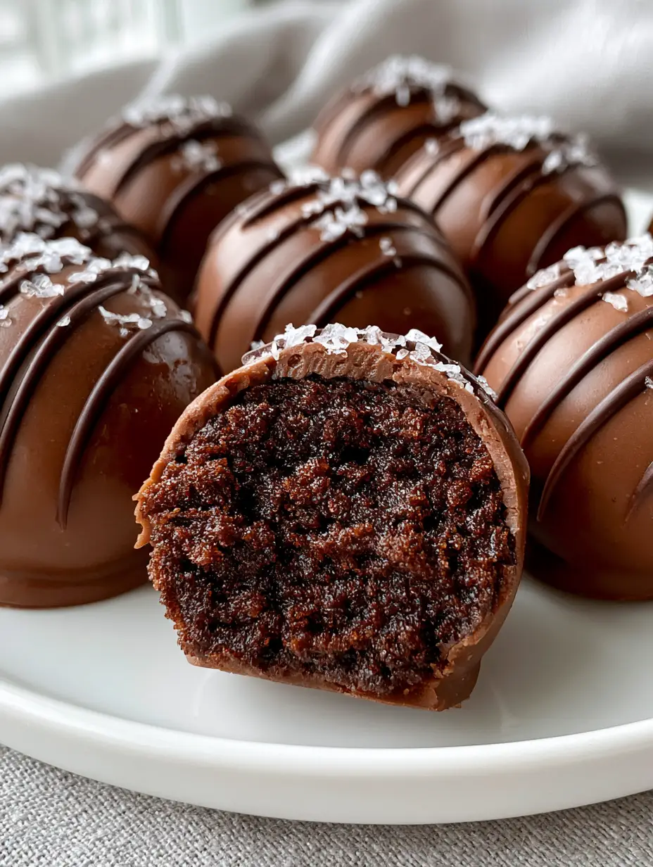 Cake Balls Recipe: Gourmet Dark Chocolate Truffles with Flaky Sea Salt 3 Macro shot of a cake ball cut in half revealing a dense dark chocolate crumb center. (cake balls recipe)