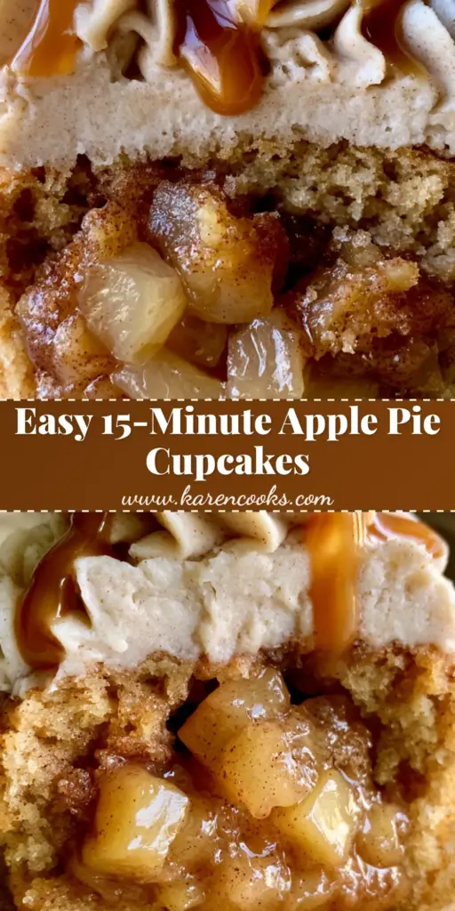 A handheld gourmet apple pie cupcake cut in half showing the gooey caramelized apple core and beige cinnamon buttercream. (Apple Pie Cupcakes)