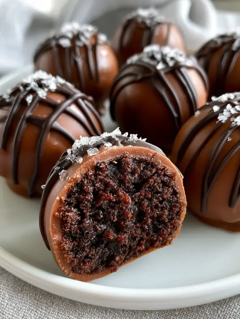 Cake Balls Recipe: Gourmet Dark Chocolate Truffles with Flaky Sea Salt 1 Gourmet cake balls with smooth milk chocolate shells and sea salt garnish on a white plate. (cake balls recipe)