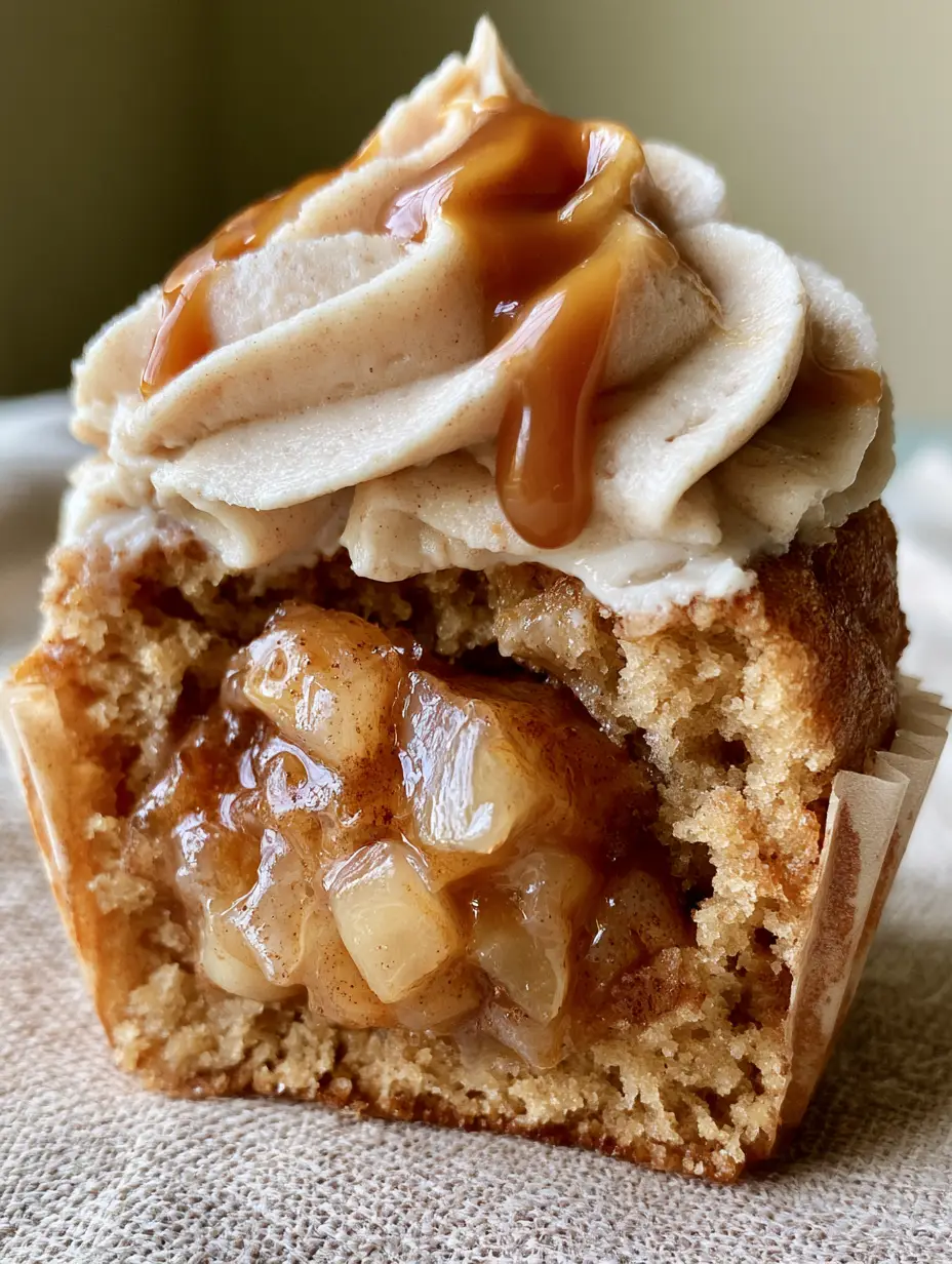 Close-up of a spiced cupcake with thick cinnamon-sugar glaze and amber caramel drizzle. (Apple Pie Cupcakes)