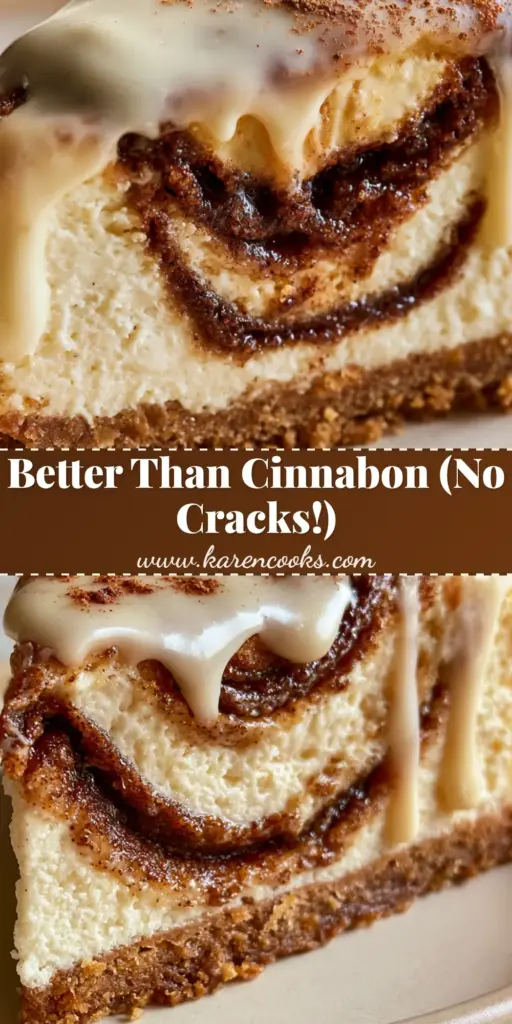 A close-up vertical shot of a Cinnamon Bun Cheesecake slice with thick mahogany cinnamon swirls and ivory cream cheese glaze drips on a ceramic plate.
