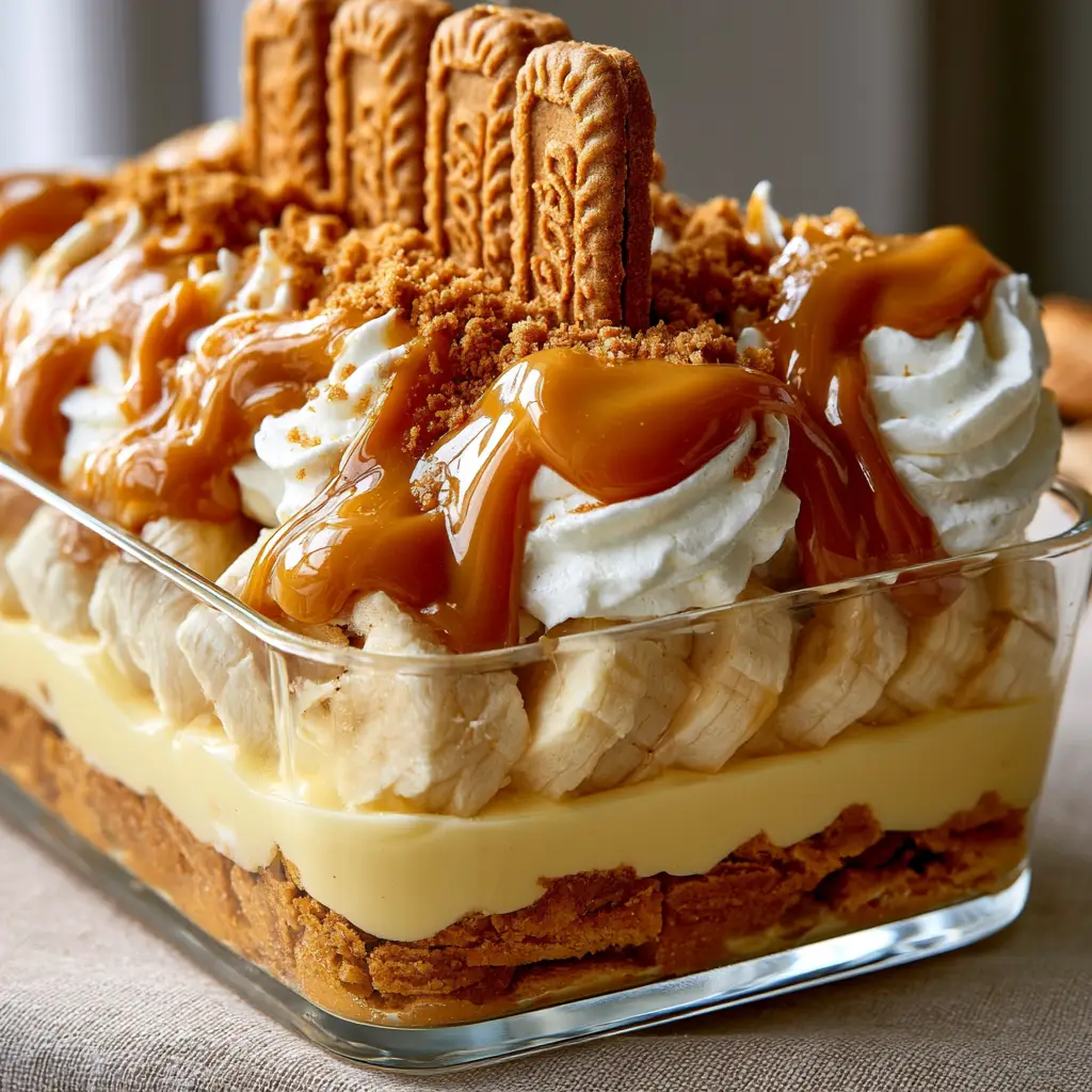 Top view of biscoff banana pudding with whipped cream swirls and a heavy drizzle of glossy amber-colored cookie butter.