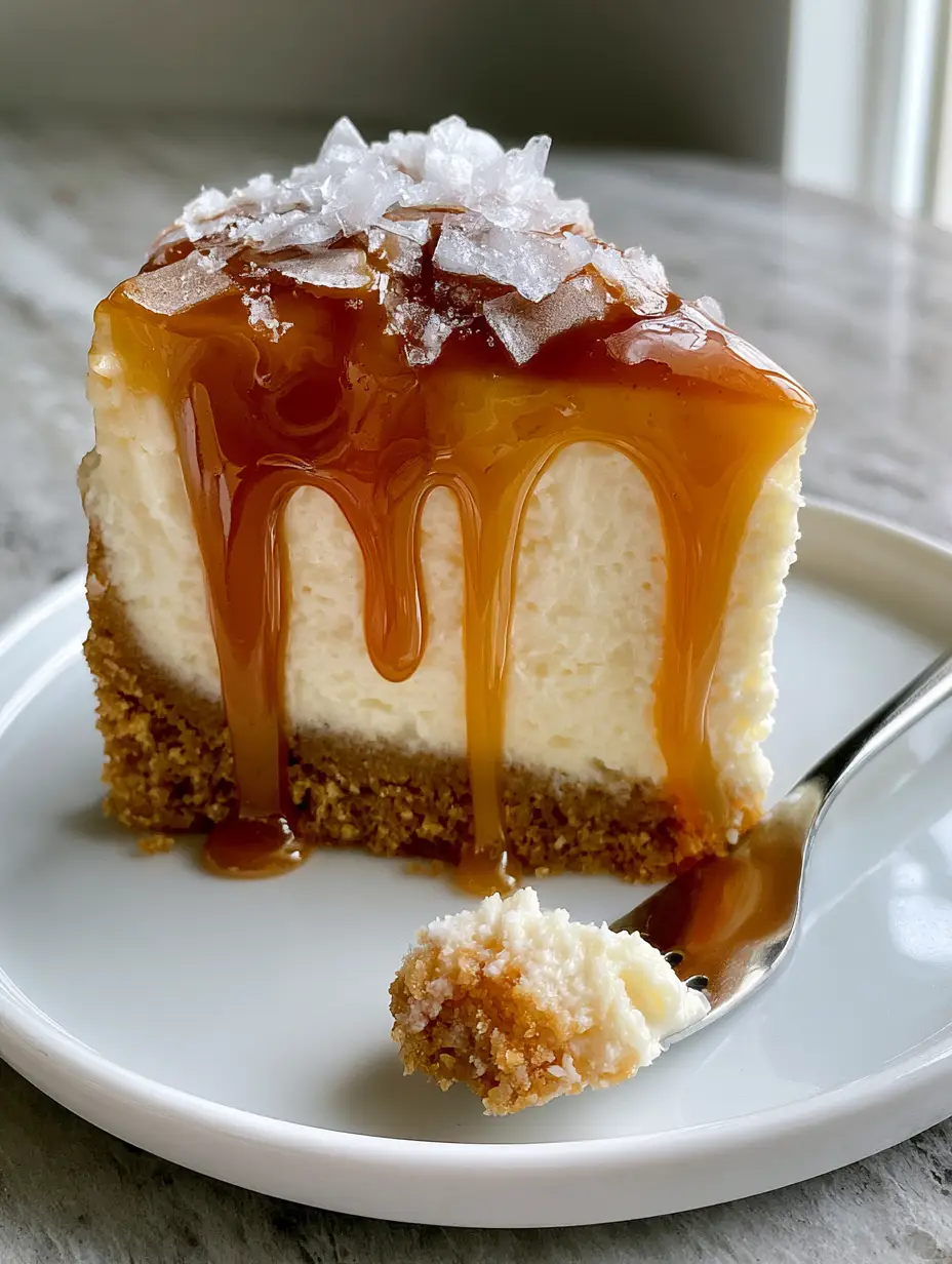 Salted Caramel Cheesecake with a Thick Graham Cracker Crust 3 A tall slice of ivory cream cheese filling standing on a white plate with visible sea salt flakes. (salted caramel cheesecake)